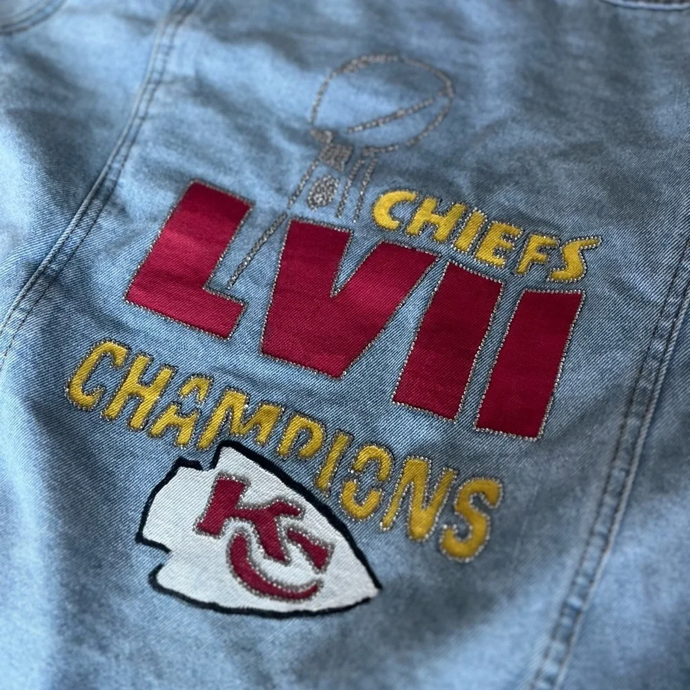 KANSAS CITY CHIEFS CUSTOM PAINTED & BEDAZZLED JEAN JACKET